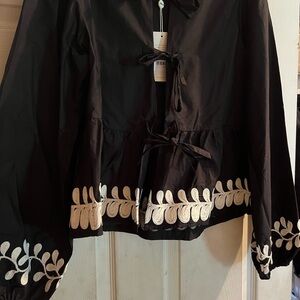 Bohme Black Blouse with White Embroidery